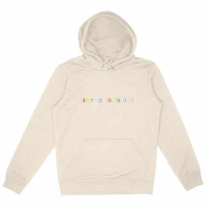 Sweat à capuche La prof a des yeux dans le dos coloris Blanc– cadeau maîtresse original | Boutique Emy Bill