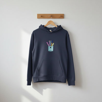 Sweat à Capuche Pot de Crayons coloris Marine – cadeau maîtresse original | Boutique Emy Bill