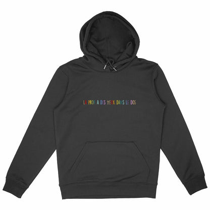 Sweat à capuche La prof a des yeux dans le dos coloris Noir – cadeau maîtresse original | Boutique Emy Bill