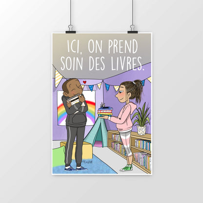 Poster Ici, on prend soin des livres – affiche cadeau enseignant | Boutique Emy Bill
