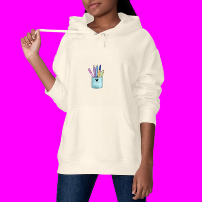 Sweat à Capuche Pot de Crayons coloris Blanc – cadeau maîtresse original | Boutique Emy Bill